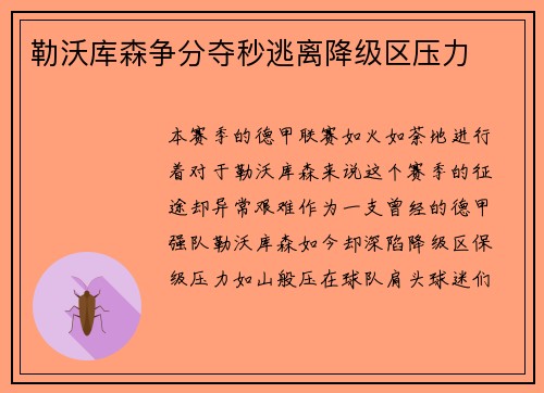 勒沃库森争分夺秒逃离降级区压力