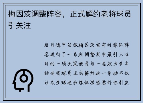 梅因茨调整阵容，正式解约老将球员引关注
