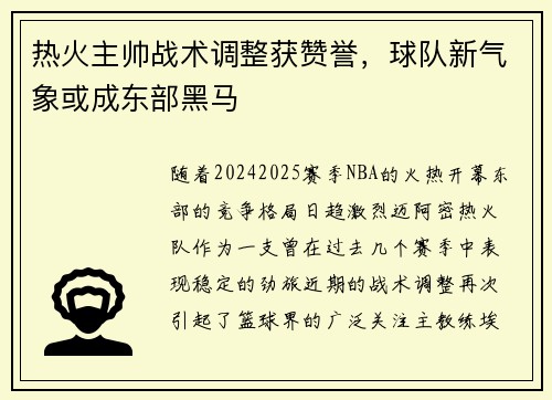 热火主帅战术调整获赞誉，球队新气象或成东部黑马