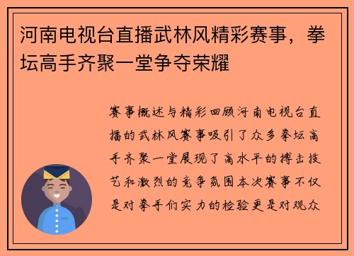 河南电视台直播武林风精彩赛事，拳坛高手齐聚一堂争夺荣耀